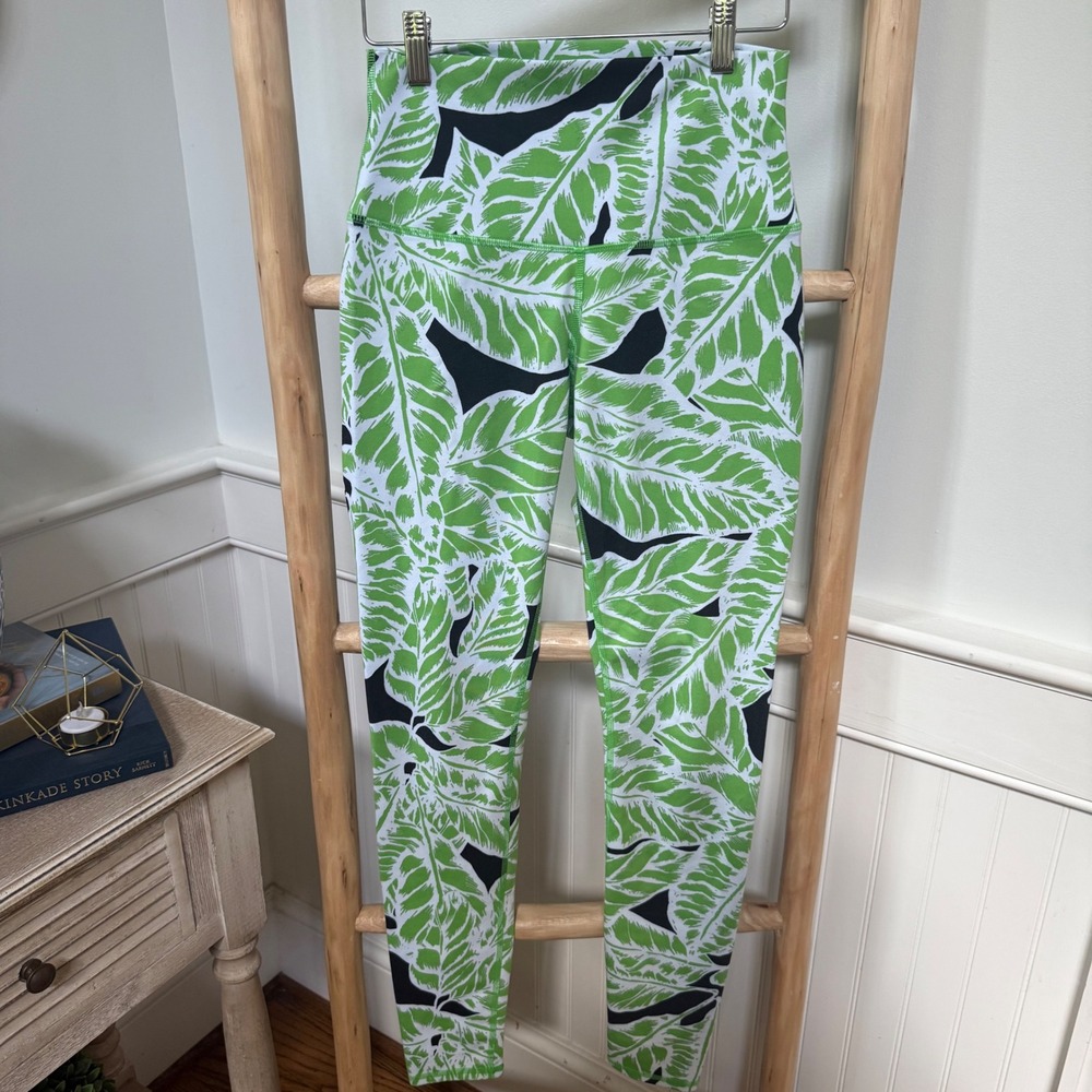Alo Yoga High Waist Airbrush Leggings Green White Tropical Palm Leaf Print Sz S - Picture 1 of 7
